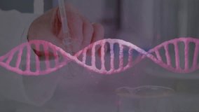 Researcher inserting pipette into beaker, performing sample transfer in lab as DNA helix pulsing. Science, innovation, accuracy, experimentation, precision, biotechnology, modern - Powered by Shutterstock - Get 15% off with code: PIKWIZARD15