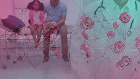 Father opening clipboard reviewing clinic forms, soothing child, doctor smiling with data nodes. Caregiver, pediatric, digital, healthcare, empathy, consultation, connection - Powered by Shutterstock - Get 15% off with code: PIKWIZARD15