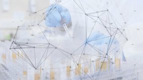 Biotech lab tech holding pipette over rack showing DNA helix and grid while transferring sample. Biotechnology, research, molecular, innovation, precision, genomics, scientific - Powered by Shutterstock - Get 15% off with code: PIKWIZARD15