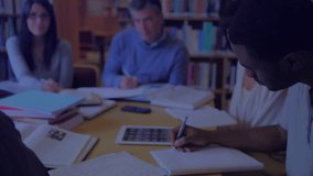 Four colleagues reviewing papers at library and tapping tablet analyzing data with animated chart. Collaboration, teamwork, study, analysis, education, research, knowledge - Powered by Shutterstock - Get 15% off with code: PIKWIZARD15