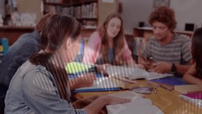 Students flipping notebooks and reviewing books generating education data overlay for group study. Collaboration, education, teamwork, learning, study, academic, youthful - Powered by Shutterstock - Get 15% off with code: PIKWIZARD15