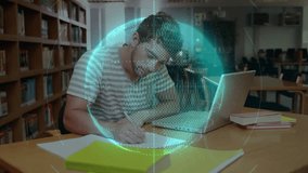 Male student writing notes and typing laptop for education, generating swirling holographic sphere. Technology, innovation, focus, learning, research, creativity, concentration - Powered by Shutterstock - Get 15% off with code: PIKWIZARD15