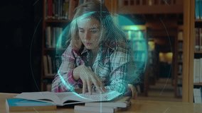 Female student leaning over book at library desk hologram globe circling head tapping page smiling. Educational, innovation, technology, learning, digital, immersive, academic - Powered by Shutterstock - Get 15% off with code: PIKWIZARD15
