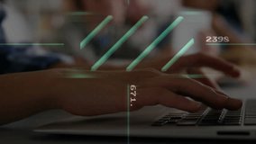 Hands typing on laptop keyboard initiating data analysis with pulsing green bars and numeric labels. Technology, data, innovation, digital, connectivity, analytic, workspace - Powered by Shutterstock - Get 15% off with code: PIKWIZARD15
