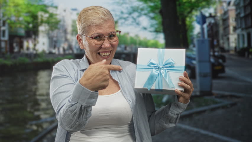 Woman middleaged pointing finger and holding white gift box with blue ribbon on a street in amsterdam, smiling with glasses; joy celebration.