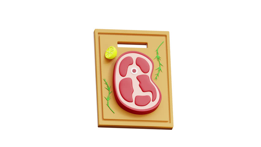3d animation meat steak cutting board lemon herb suitable for culinary blogs, restaurant promotions, cooking apps, or food delivery services