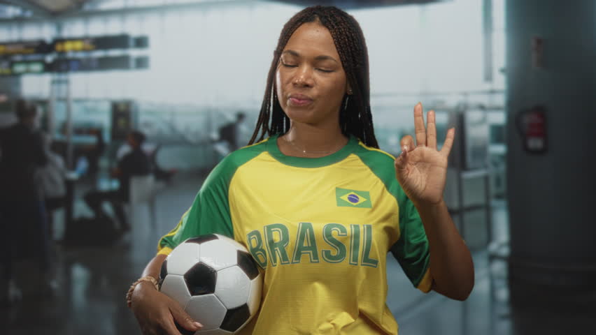 Young african woman in brazil jersey holds soccerball and makes ok sign at busy airport terminal; team spirit pride.