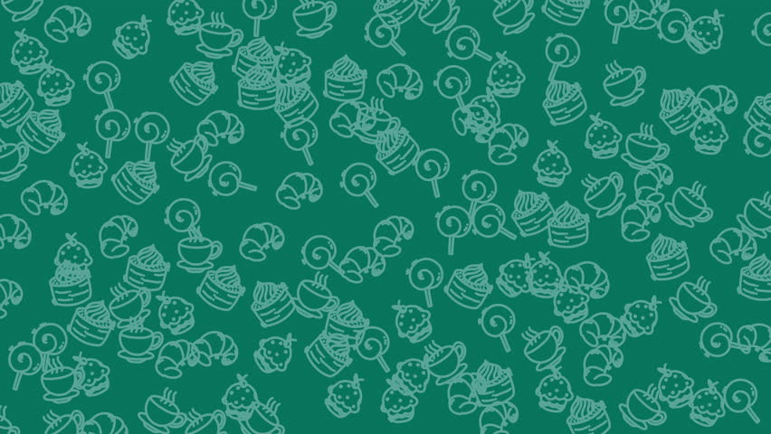 Animation food seamless pattern of various sweet treats against a green background, perfect for designing dessert menu, party invitations, or confectionery branding.