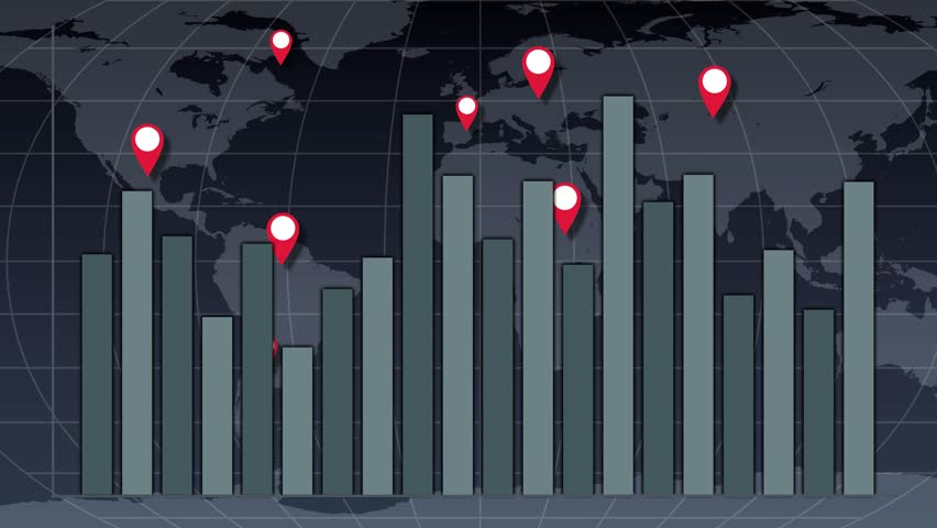 Animated bar graph rises on gray world map with sequential red location markers, digital style. - Powered by Shutterstock - Get 15% off with code: PIKWIZARD15