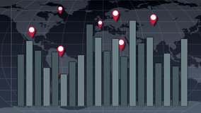 Animated bar graph rises on gray world map with sequential red location markers, digital style. - Powered by Shutterstock - Get 15% off with code: PIKWIZARD15