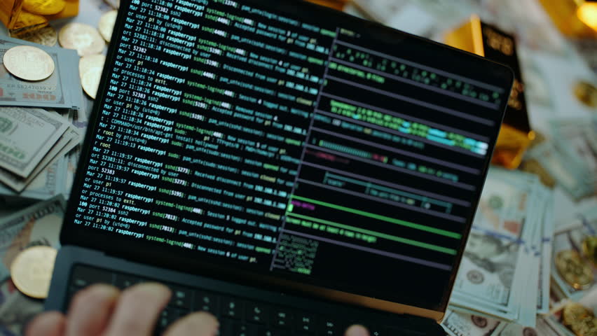 Anonymous hacker typing on a laptop keyboard to access a blockchain network for bitcoin mining, surrounded by dollar bills, gold bars, and physical cryptocurrency coins on a world map