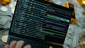 Anonymous hacker typing on a laptop keyboard to access a blockchain network for bitcoin mining, surrounded by dollar bills, gold bars, and physical cryptocurrency coins on a world map - Powered by Shutterstock - Get 15% off with code: PIKWIZARD15