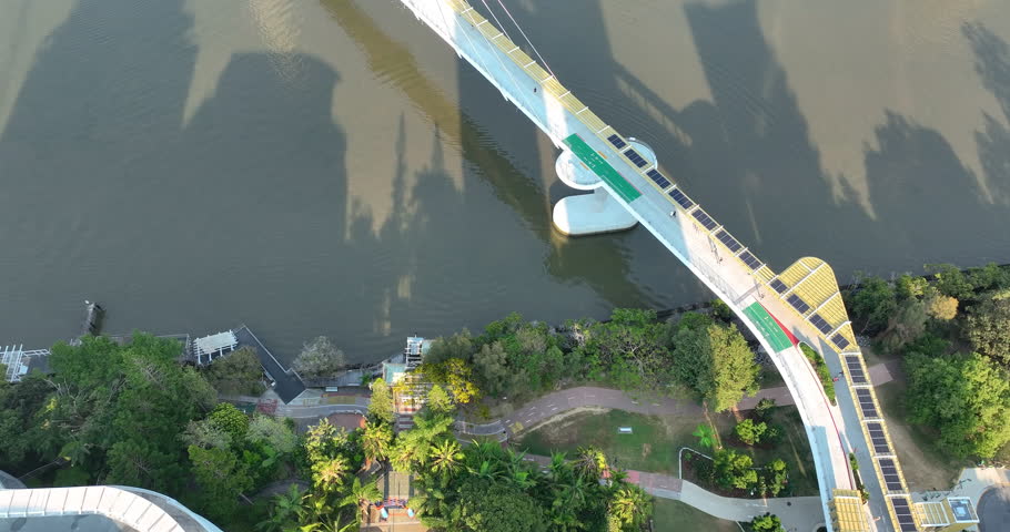 Directly above Push in tracking motion of New Kangaroo Point Bridge crossing Brisbane River, it is a pedestrian and cyclist bridge only, opened late 2024, Brisbane, Queensland, Australia, 10-08-2025