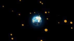 International trade and finance depicted by animated globe and currency signs. Global financial markets with earth surrounded by floating dollar coins. Economy concept animation. - Powered by Shutterstock - Get 15% off with code: PIKWIZARD15