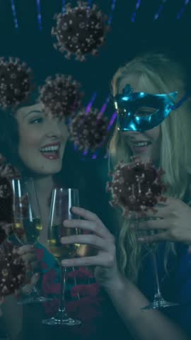 Animation of macro Covid-19 cells floating over a multi-ethnic group of people wearing masks, holding drinks, making a toast. Coronavirus Covid-19 pandemic concept digital composite