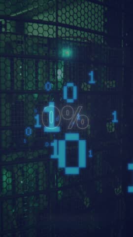 Animation of numbers and 0 percent over server room. Global business and digital interface concept digitally generated video.