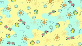 Seamless repeating pattern with hand-drawn style illustrations of summer and beach elements like suns, sunglasses, beach balls, and seashells on a background of sand and water - Powered by Shutterstock - Get 15% off with code: PIKWIZARD15