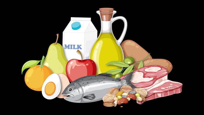 Various food group illustrations smoothly transition and expand, highlighting healthy diet diversity and nutrition