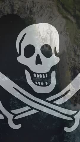 Animation of pirate's flag waving over coast and sea. Globe and maps concept digitally generated video.