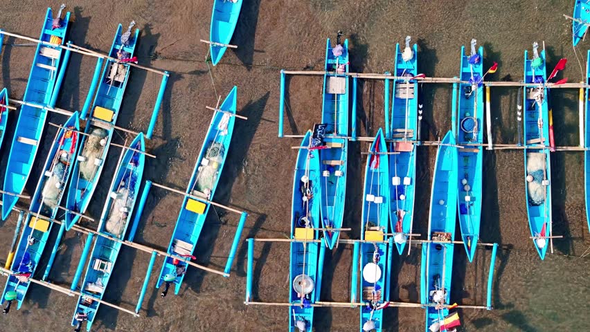Top view of traditional fishing boats on Baron beach, Yogyakarta, Indonesia