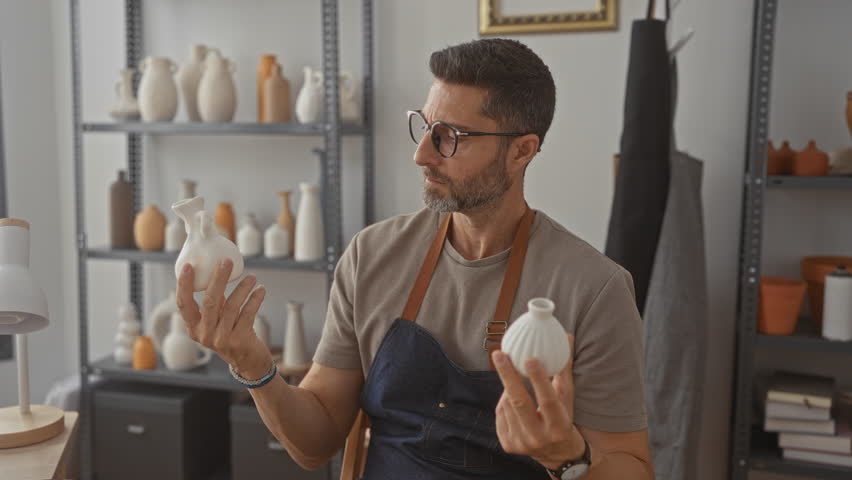 Man wearing an apron inspects and holds two white ceramic vases up in a studio workshop, studying form and texture; contemplation craftsmanship.