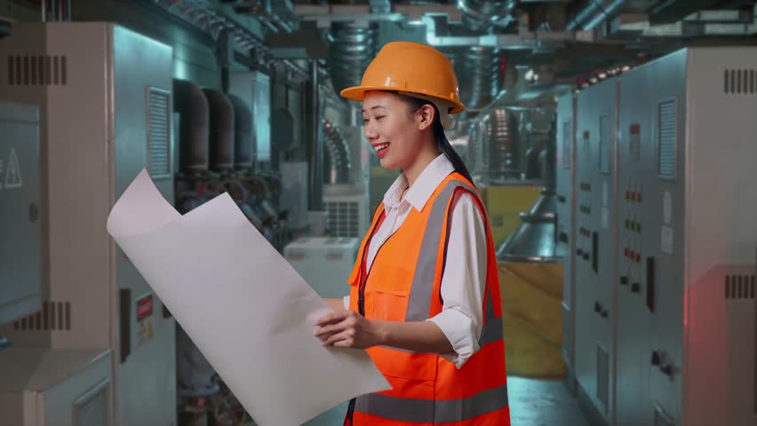 Side View Of Asian Female Engineer With Safety Helmet Looking At Blueprint In Her Hands While Standing In Engine Control Room, Work Of Electrical Generators