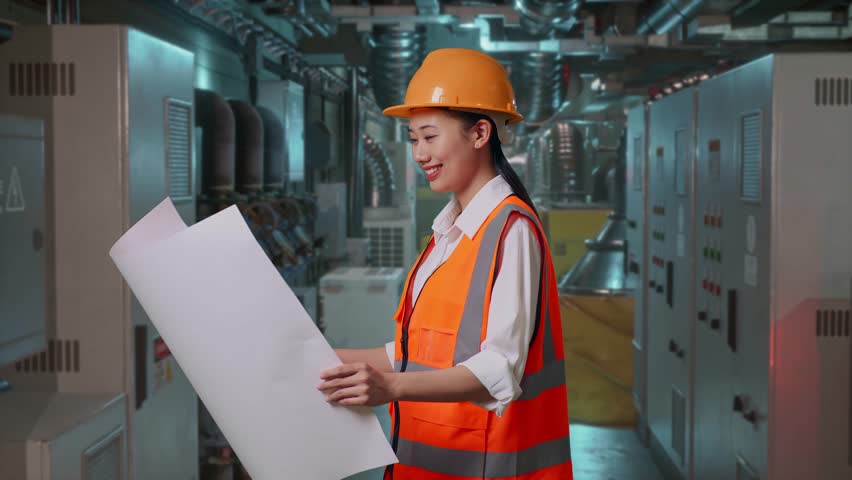 Side View Of Asian Female Engineer With Safety Helmet Looking At Blueprint In Her Hands And Looking Around While Standing In Engine Control Room, Work Of Electrical Generators