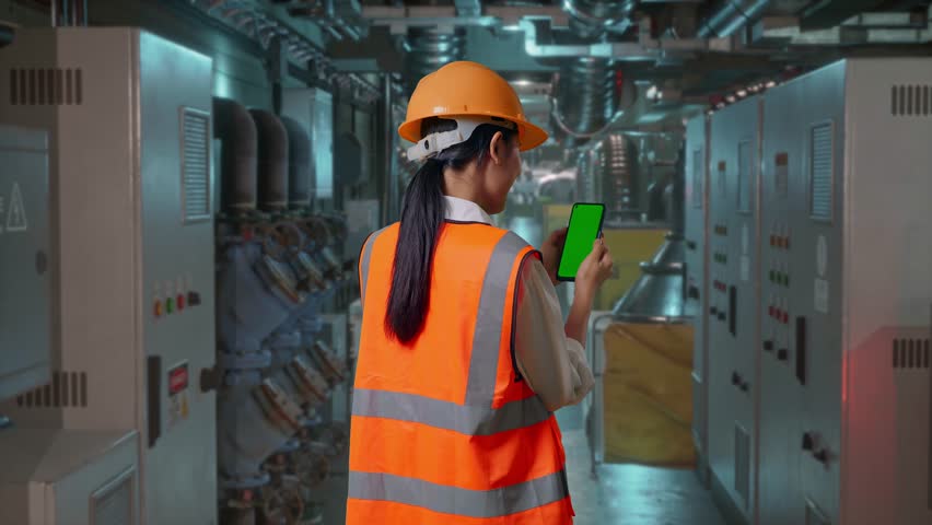 Back View Of Asian Female Engineer With Safety Helmet Working On A Green Screen Smartphone And Looking Around In Engine Control Room, Work Of Electrical Generators