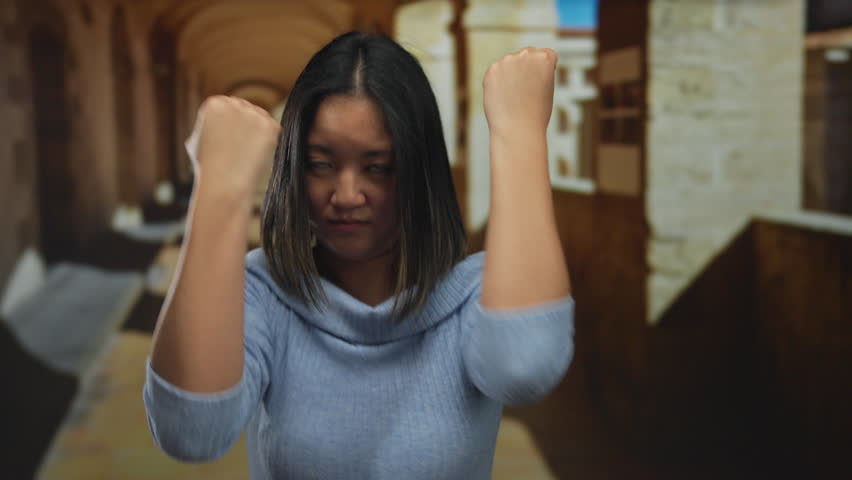 Woman practicing martial arts in an old university hallway, expressing determination, with archways in the background, showcasing strength and focus indoors.