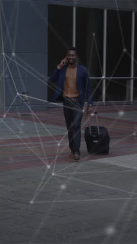 Animation of network of connections over african amercian businessman with suitcase. global technology, connections and digital interface concept digitally generated video.