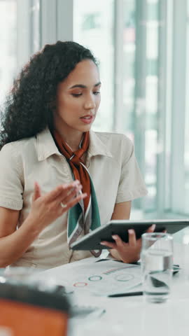 Business woman, tablet and talking in meeting with social media analytics, traffic or online review. Technology, speaking and marketer in office with proposal, engagement chart or campaign idea