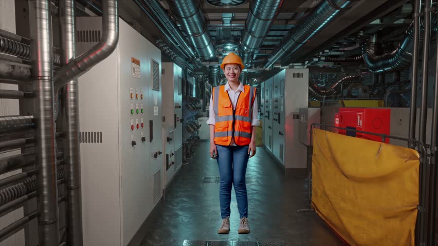 Full Body Of Asian Female Engineer With Safety Helmet Smiling To Camera While Standing In Engine Control Room, Work Of Electrical Generators