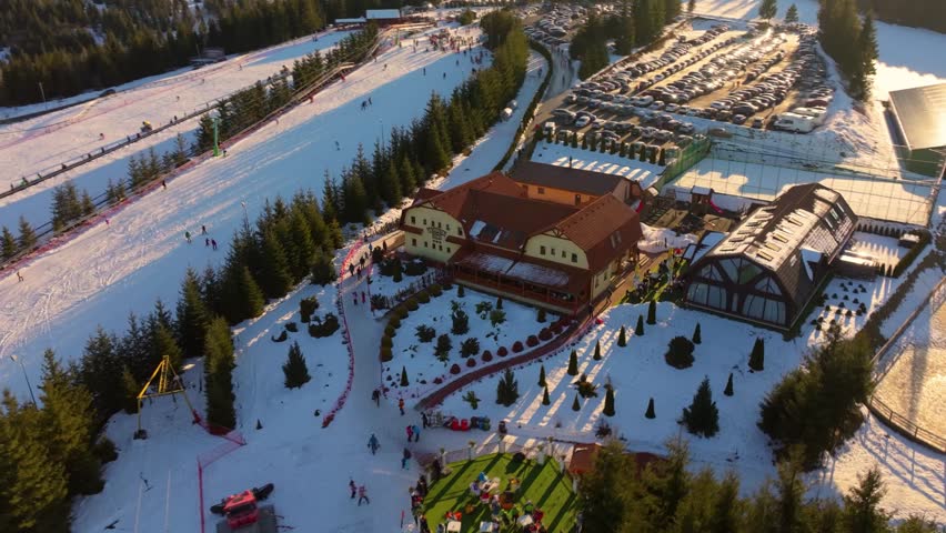 4k Aerial view of Toplița Ski Resort - Romania winter023
