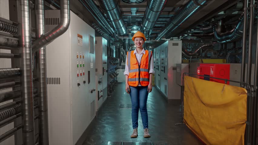 Full Body Of Asian Female Engineer With Safety Helmet Smiling And Showing Peace Gesture While Standing In Engine Control Room, Work Of Electrical Generators