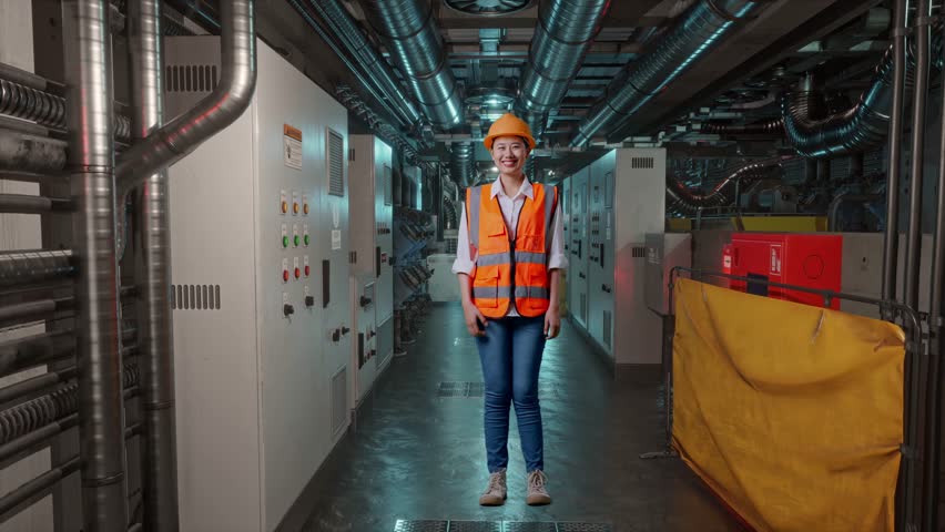 Full Body Of Asian Female Engineer With Safety Helmet Smiling And Showing Thumbs Up Gesture To The Camera While Standing In Engine Control Room, Work Of Electrical Generators