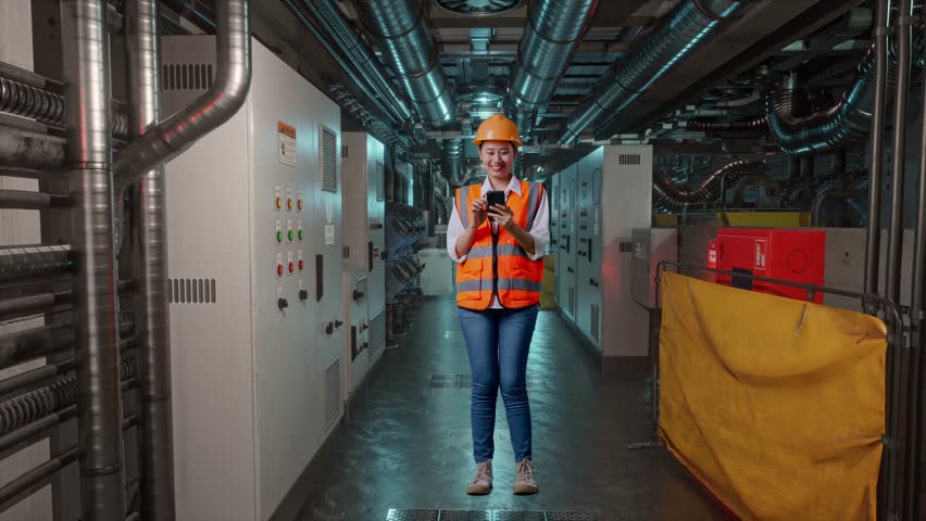Full Body Of Asian Female Engineer With Safety Helmet Using Smartphone And Looking Around While Standing In Engine Control Room, Work Of Electrical Generators