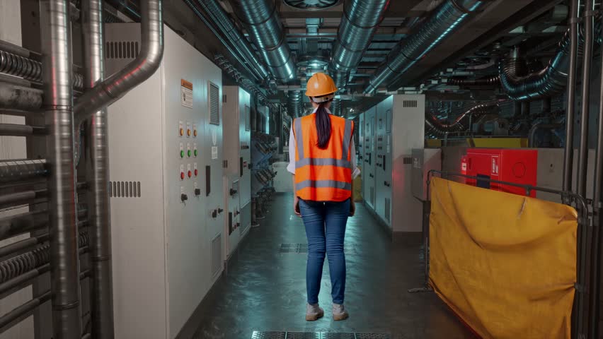 Full Body Back View Of A Female Engineer With Safety Helmet Raising Her Hands Celebrating While Working In Engine Control Room, Work Of Electrical Generators