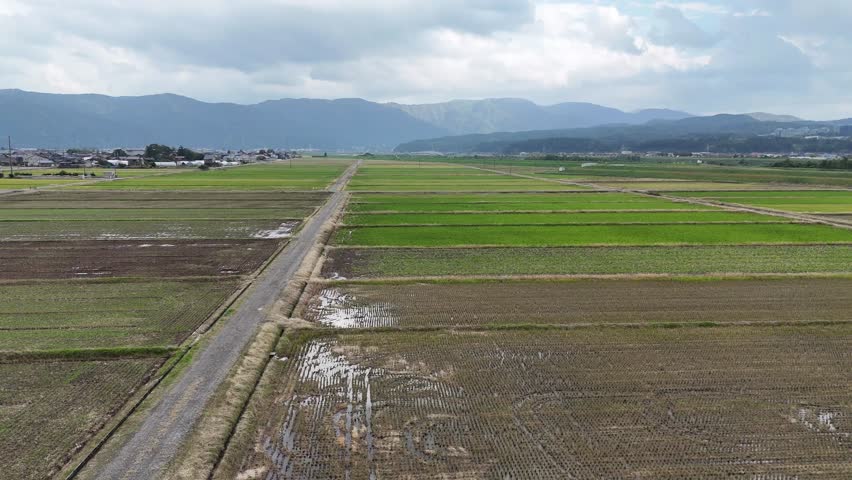 A large field with a road running through it. The sky is cloudy and the mountains in the background are visible