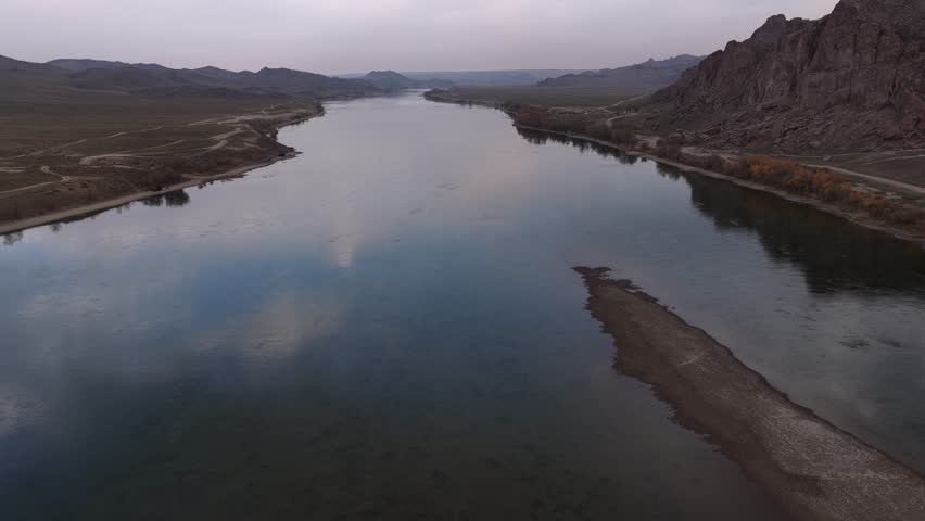 The Ili River. National Nature Park. Drone view, autumn time.