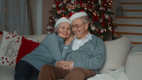 Portrait of happy elderly spouses at home in Christmas holidays, smiling people. Joyful married couple with funny Santa hats, grandmother and grandpa looking at camera, New year celebration, good mood - Powered by Shutterstock - Get 15% off with code: PIKWIZARD15