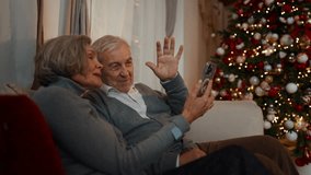 Grandparents calling by video in smartphone in Christmas vacation, happy people. Portrait of elderly spouses celebrating winter holidays at home and congratulating family online, distant communication - Powered by Shutterstock - Get 15% off with code: PIKWIZARD15