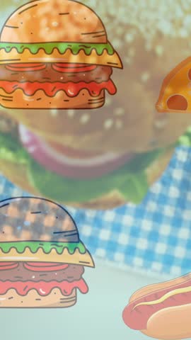 Animation of illustration with hot dogs and hamburgers over hamburger on plate. fast food and lifestyle concept digitally generated video.