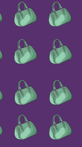 Animation of blue handbags repeated and moving on yellow and purple background. fashion, social network and digital interface concept digitally generated video.