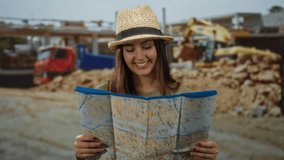 Young woman using map at construction site suggests exploration and adventure amidst urban background - Powered by Shutterstock - Get 15% off with code: PIKWIZARD15