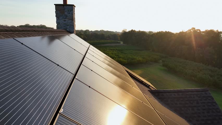Golden sunrise light producing green energy on installed solar panels on roof of rural farmers house. Aerial backwards close up. Reflection of sun on several units.