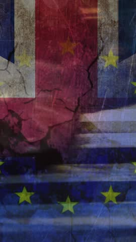 People crossing street in urban area against animated EU and Britan flag