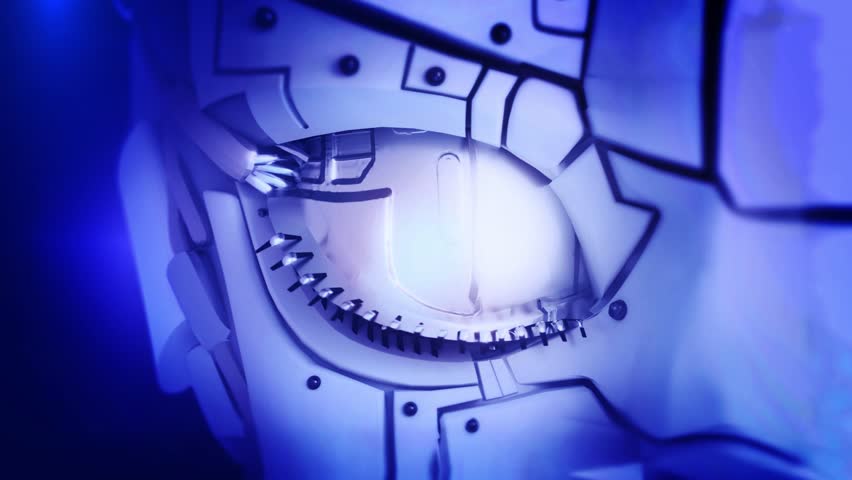 Robot cyber eye HUD Eye Animation Computer vision reality artificial intelligence technology digital diagnostic equipment wireframe mesh background. online identity computing, data processing 3D