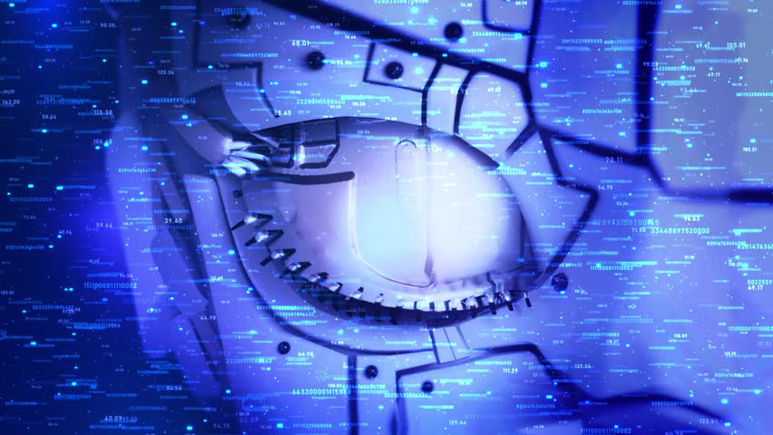 Abstract neural network visualization Technology and AI concept. concept of cyberspace or digital transformation, graphic eye futuristic element data processing and binary coding eye. online identity