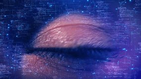 3D Virtual Futuristic background eye. Cyber eye. Hud elements. Animation Code background. sci-fi technology background. Digital eye. Cyber Security. Futuristic, technology eye display concept. - Powered by Shutterstock - Get 15% off with code: PIKWIZARD15