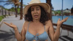 Middle-aged hispanic woman in bikini on seaside promenade, wearing sunhat, captures relaxed beach ambiance outdoors with palm trees and sunny weather. - Powered by Shutterstock - Get 15% off with code: PIKWIZARD15